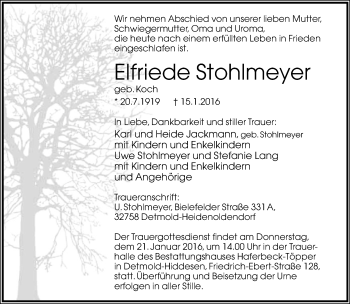 Anzeige  Elfriede Stohlmeyer  Lippische Landes-Zeitung