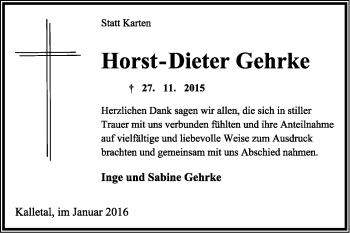 Anzeige  Horst-Dieter Gehrke  Lippische Landes-Zeitung