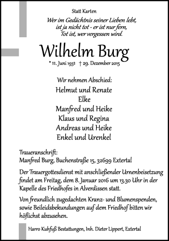 Anzeige  Wilhelm Burg  Lippische Landes-Zeitung
