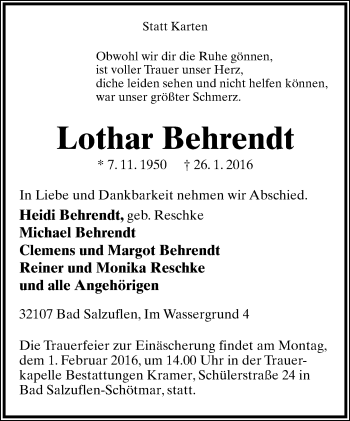 Anzeige  Lothar Behrendt  Lippische Landes-Zeitung