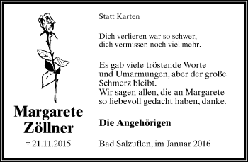 Anzeige  Margarete Zöllner  Lippische Landes-Zeitung