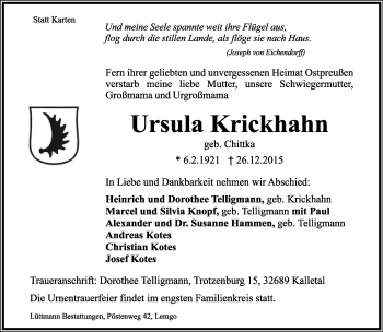 Anzeige  Ursula Krickhahn  Lippische Landes-Zeitung