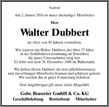 Anzeige  Walter Dubbert  Lippische Landes-Zeitung