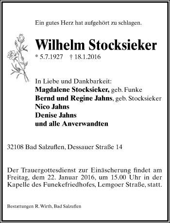 Anzeige  Wilhelm Stocksieker  Lippische Landes-Zeitung