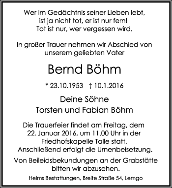 Anzeige  Bernd Böhm  Lippische Landes-Zeitung