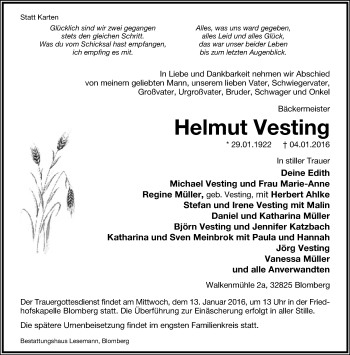 Anzeige  Helmut Vesting  Lippische Landes-Zeitung