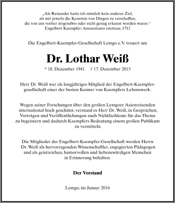 Anzeige  Lothar Weiß  Lippische Landes-Zeitung
