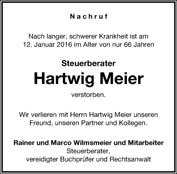 Anzeige  Hartwig Meier  Lippische Landes-Zeitung