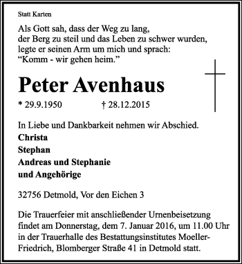 Anzeige  Peter Avenhaus  Lippische Landes-Zeitung