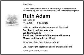 Anzeige  Ruth Adam  Lippische Landes-Zeitung