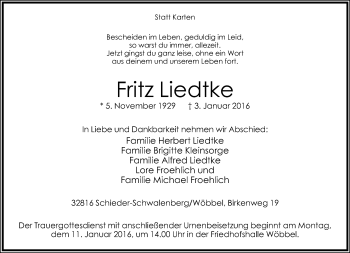 Anzeige  Fritz Liedtke  Lippische Landes-Zeitung