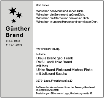 Anzeige  Günther Brand  Lippische Landes-Zeitung