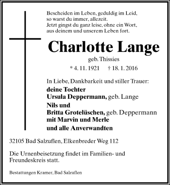 Anzeige  Charlotte Lange  Lippische Landes-Zeitung