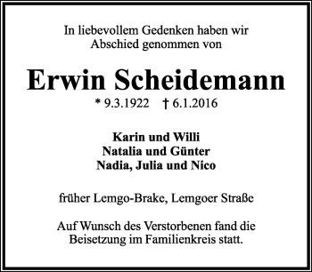 Anzeige  Erwin Scheidemann  Lippische Landes-Zeitung