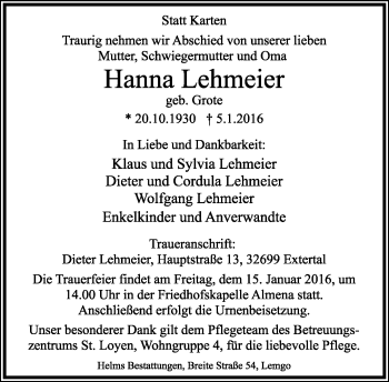 Anzeige  Hanna Lehmeier  Lippische Landes-Zeitung