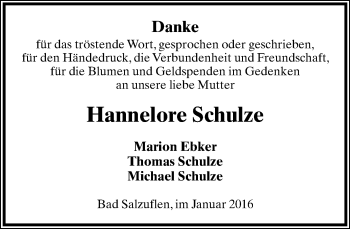 Anzeige  Hannelore Schulze  Lippische Landes-Zeitung