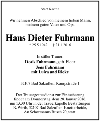 Anzeige  Hans Dieter Fuhrmann  Lippische Landes-Zeitung