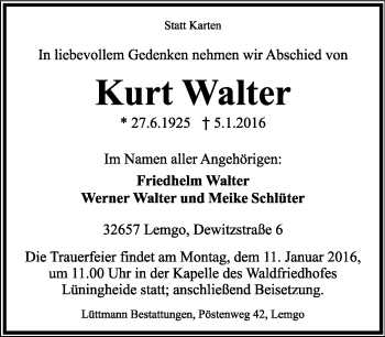 Anzeige  Kurt Walter  Lippische Landes-Zeitung