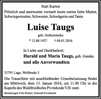 Anzeige  Luise Taugs  Lippische Landes-Zeitung