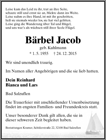 Anzeige  Bärbel Jacob  Lippische Landes-Zeitung