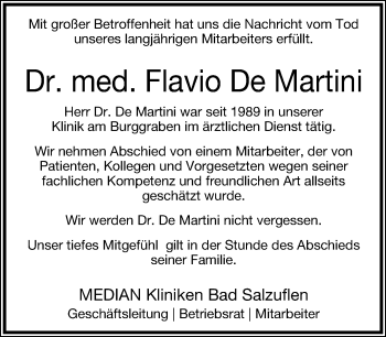 Anzeige  Flavio De Martini  Lippische Landes-Zeitung