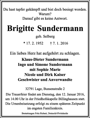 Anzeige  Brigitte Sundermann  Lippische Landes-Zeitung