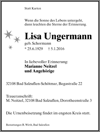 Anzeige  Lisa Ungermann  Lippische Landes-Zeitung