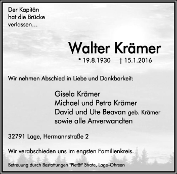 Anzeige  Walter Krämer  Lippische Landes-Zeitung
