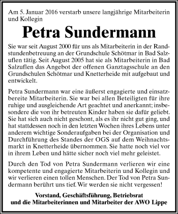 Anzeige  Petra Sundermann  Lippische Landes-Zeitung