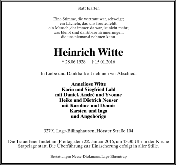 Anzeige  Heinrich Witte  Lippische Landes-Zeitung