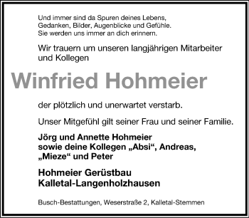 Anzeige  Winfried Hohmeier  Lippische Landes-Zeitung