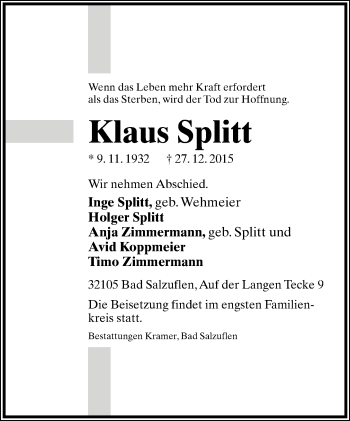 Anzeige  Klaus Splitt  Lippische Landes-Zeitung