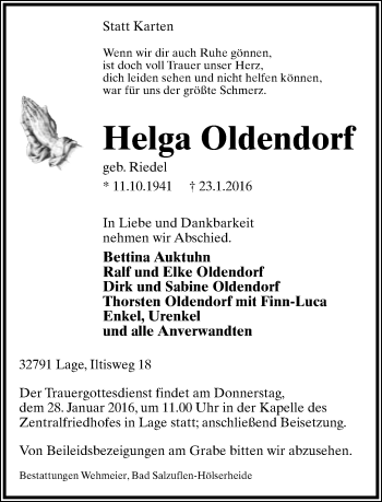 Anzeige  Helga Oldendorf  Lippische Landes-Zeitung