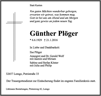 Anzeige  Günther Plöger  Lippische Landes-Zeitung