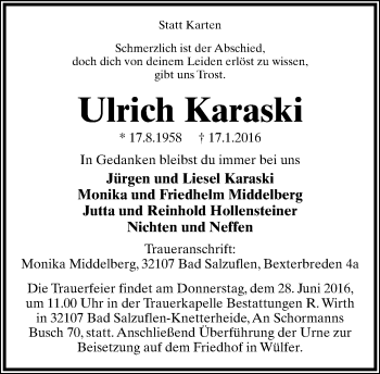 Anzeige  Ulrich Karaski  Lippische Landes-Zeitung
