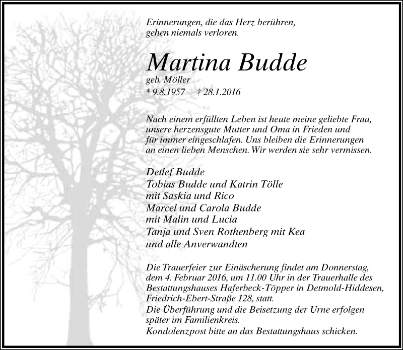  Traueranzeige für Martina Budde vom 30.01.2016 aus Lippische Landes-Zeitung