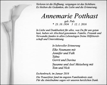 Anzeige  Annemarie Potthast  Lippische Landes-Zeitung