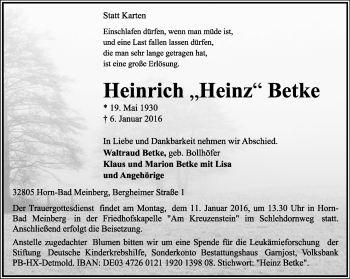 Anzeige  Heinrich Betke  Lippische Landes-Zeitung