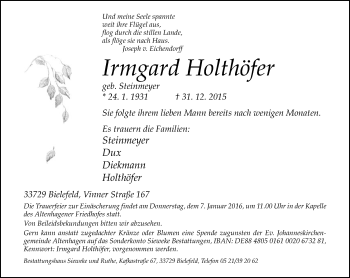Anzeige  Irmgard Holthöfer  Lippische Landes-Zeitung