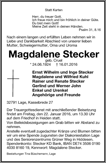 Anzeige  Magdalene Stecker  Lippische Landes-Zeitung