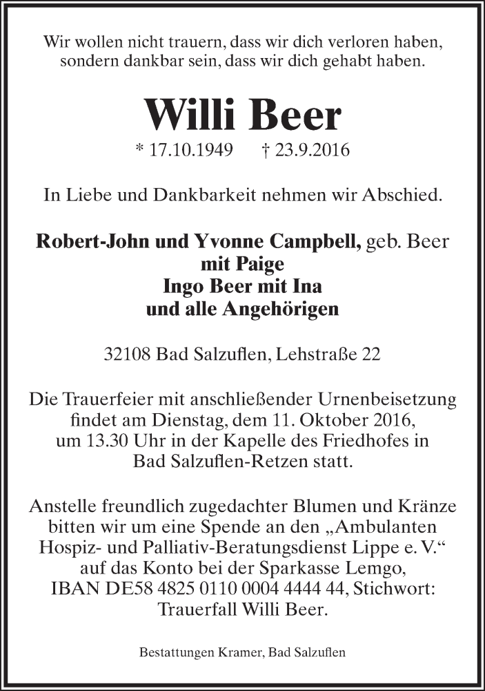  Traueranzeige für Willi Beer vom 01.10.2016 aus Lippische Landes-Zeitung