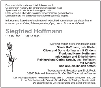 Anzeige  Siegfried Hoffmann  Lippische Landes-Zeitung