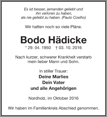 Anzeige  Bodo Hädicke  Lippische Landes-Zeitung