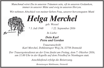 Anzeige  Helga Merchel  Lippische Landes-Zeitung