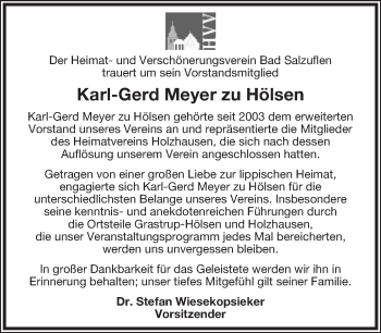 Anzeige  Karl-Gerd Meyer zu Hölsen  Lippische Landes-Zeitung