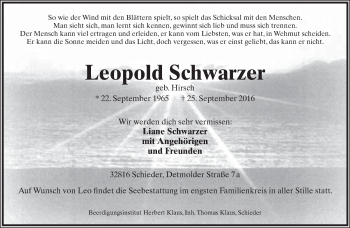 Anzeige  Leopold Schwarzer  Lippische Landes-Zeitung
