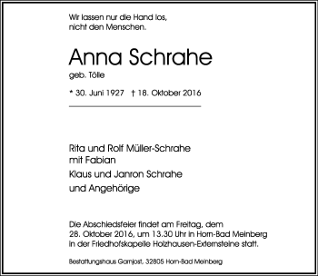 Anzeige  Anna Schrahe  Lippische Landes-Zeitung