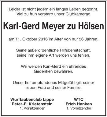 Anzeige  Karl-Gerd Meyer zu Hölsen  Lippische Landes-Zeitung