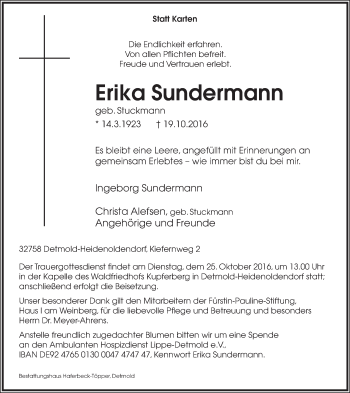 Anzeige  Erika Sundermann  Lippische Landes-Zeitung