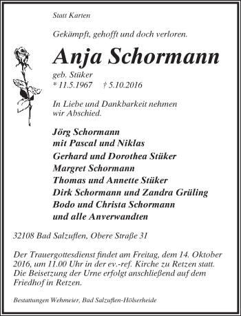 Anzeige  Anja Schormann  Lippische Landes-Zeitung